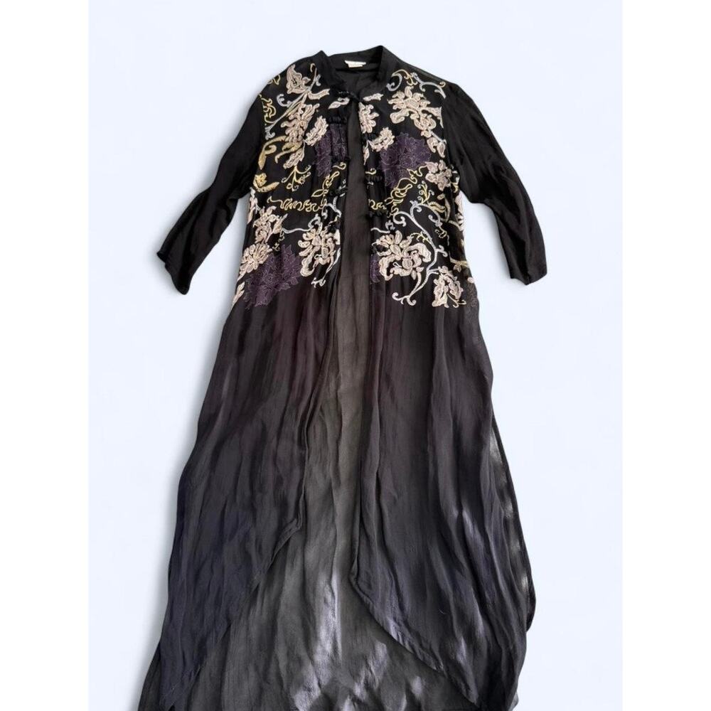 Vintage 90s Y2K Sheer Black Gold Floral Embroidered Maxi Cardigan Whimsigoth S
